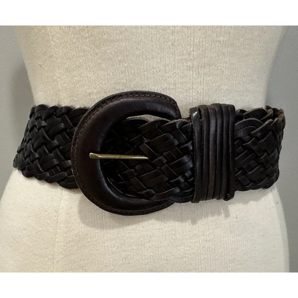 Vintage Genuine‎ Leather Braided Woven Belt Brown Wide Buckle Y2K Boho M/L